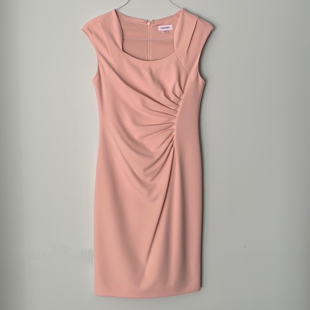 Light peach Calvin Klein crepe sheath dress with shirred front detail, size 6